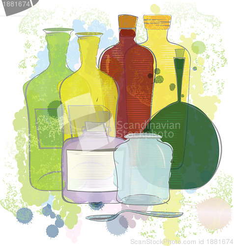 Image of Water color yellow red green bottles