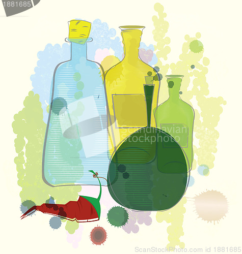 Image of Water color bottles and red pepper  raster