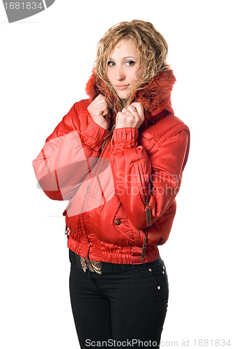 Image of Pretty young blonde in red jacket