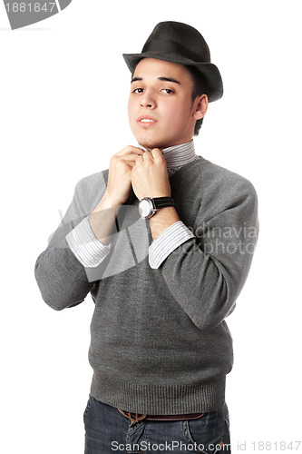 Image of Handsome young man wearing black hat