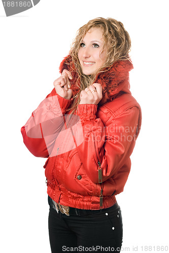 Image of young smiling blonde in red jacket