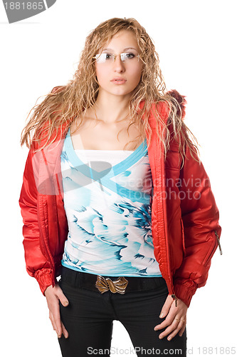 Image of Young blonde wearing red jacket