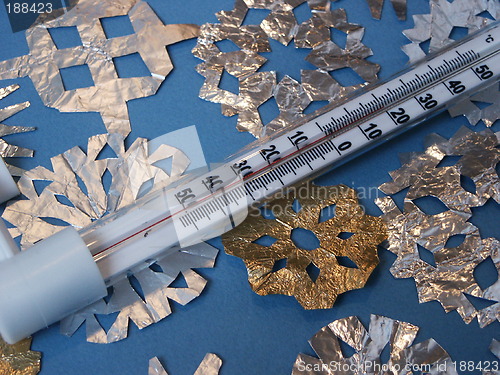 Image of Thermometer and snowflakes