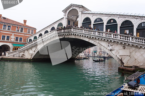 Image of Venice Grand canal with gondolas and Rialto Bridge