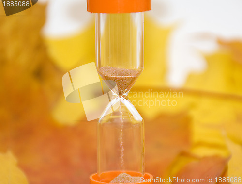 Image of Background of autumn leaves and sandglass 