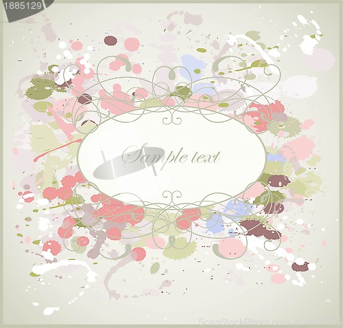 Image of Greeting card with splashes, drops  and  vignette. Decorative frame from drops and splashes and vignette.