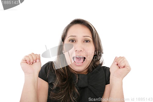 Image of beautiful young woman looking scared on white background 