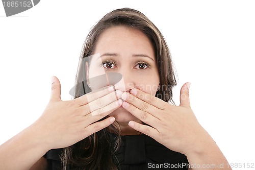 Image of Beautiful young woman covering the face with her hands, isolated