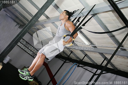 Image of Young gymnast training on rings 