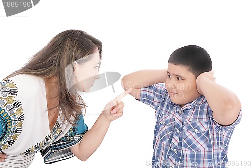 Image of Mother scolding her son with pointed finger 