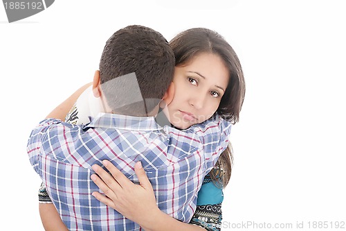 Image of Young sad mother and its son isolated on white.