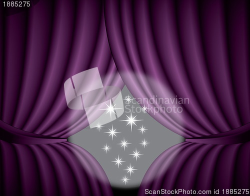 Image of Violet curtain background with spotlight in the center, illustration