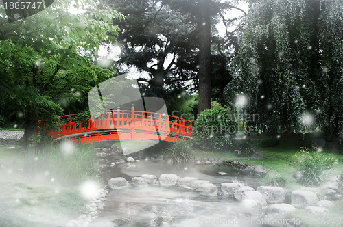 Image of Red bridge in a japanese garden