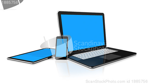 Image of laptop, mobile phone and digital tablet pc computer