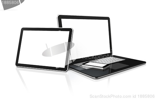 Image of laptop, mobile phone and digital tablet pc computer