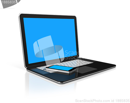 Image of Mobile phone on a laptop