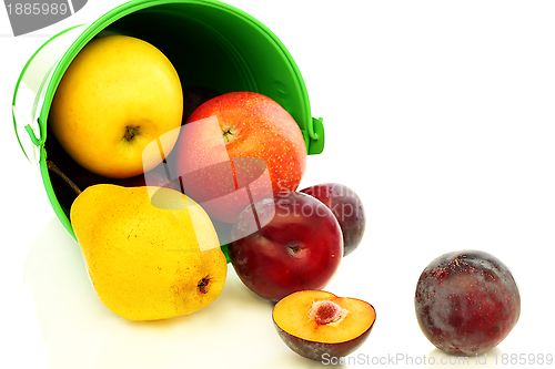 Image of Summer fruits spilling from green bucket.