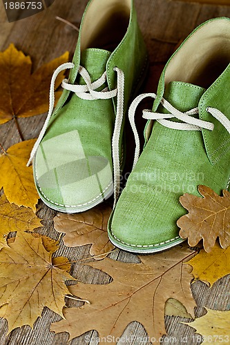 Image of green leather boots and yellow leaves