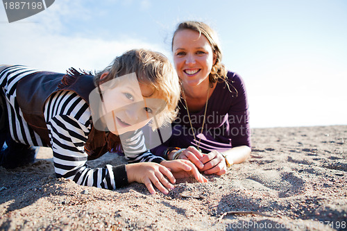 Image of Mother and son at beach.