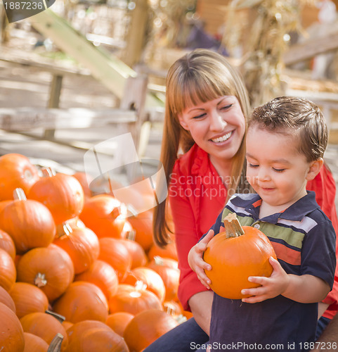 Image of Happy Mixed Race Family at the Pumpkin Patch