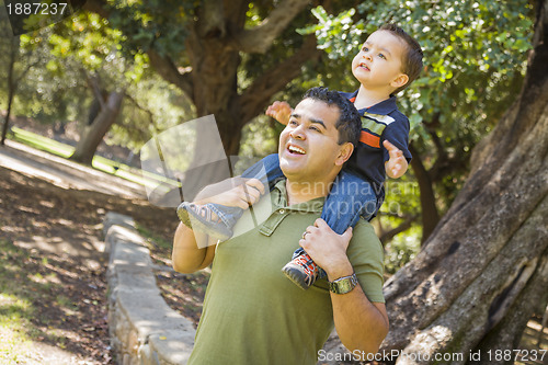 Image of Mixed Race Son Enjoy a Piggy Back in the Park with Dad