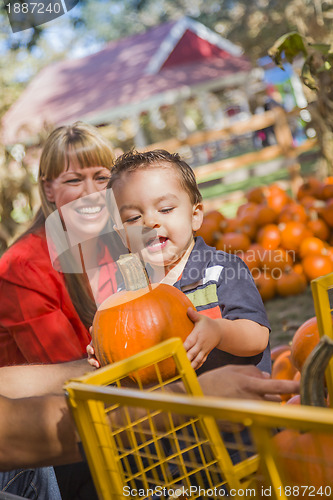 Image of Happy Mixed Race Family at the Pumpkin Patch