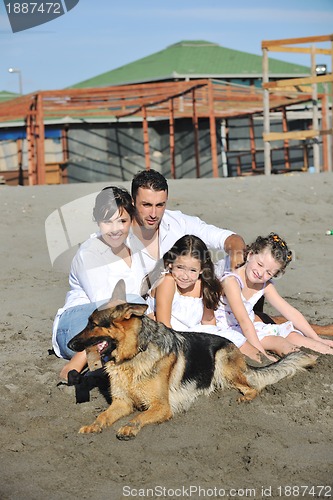 Image of happy family playing with dog on beach