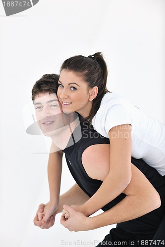 Image of happy young couple fitness workout and fun