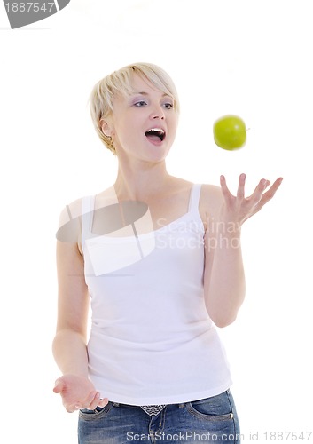 Image of happy  young  woman eat green apple isolated  on white