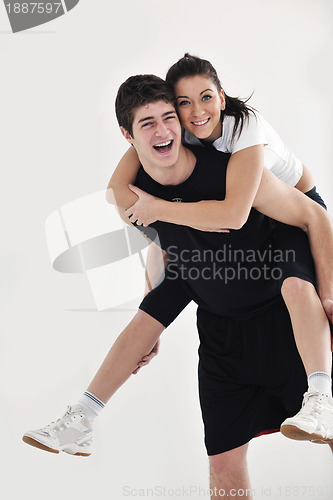 Image of happy young couple fitness workout and fun