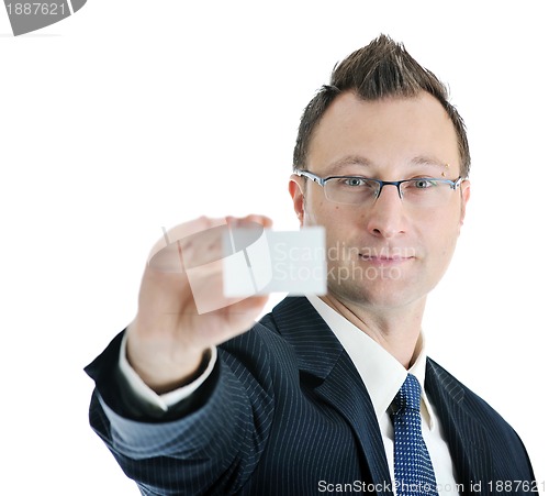 Image of young businessman with empty white card
