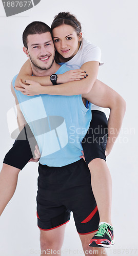 Image of happy young couple fitness workout and fun