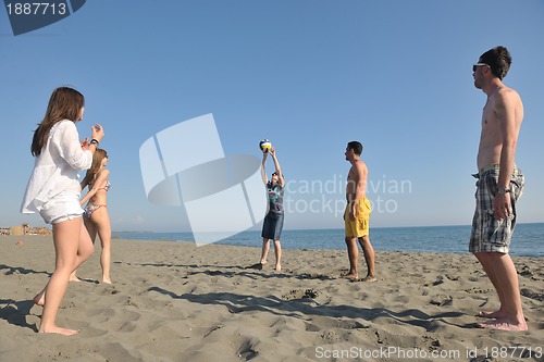 Image of young people group have fun and play beach volleyball