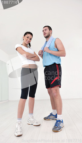 Image of happy young couple fitness workout and fun