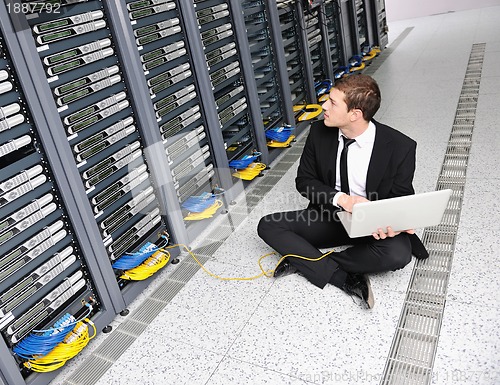 Image of businessman with laptop in network server room