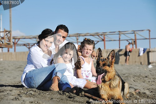 Image of happy family playing with dog on beach