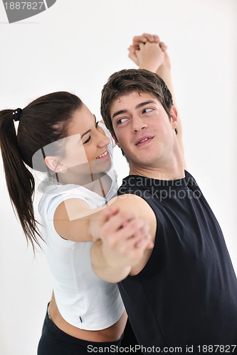Image of happy young couple fitness workout and fun