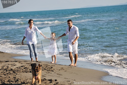 Image of happy family playing with dog on beach
