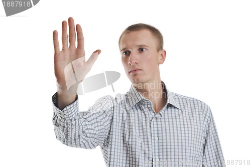 Image of handsome young business man touching screen isolated