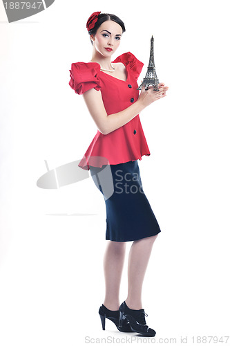 Image of beautiful young woman with paris symbol eiffel tower