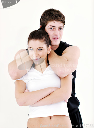 Image of happy young couple fitness workout and fun