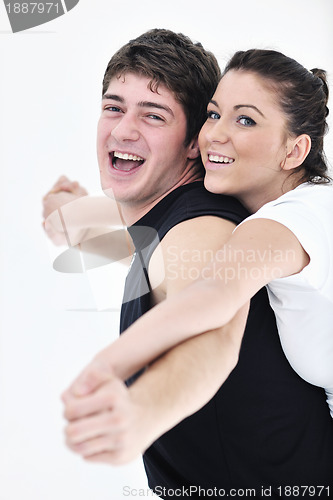 Image of happy young couple fitness workout and fun