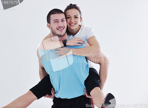 Image of happy young couple fitness workout and fun