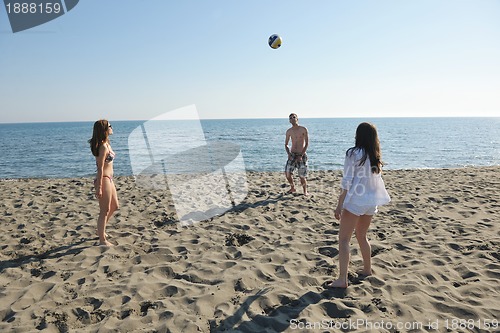 Image of young people group have fun and play beach volleyball