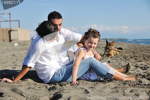 Image of happy family playing with dog on beach
