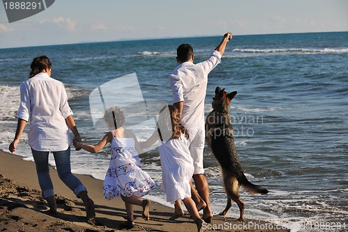Image of happy family playing with dog on beach