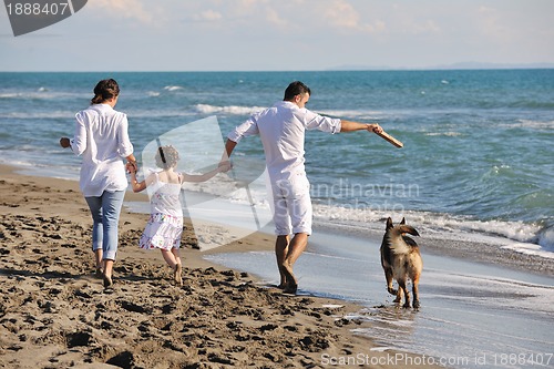 Image of happy family playing with dog on beach