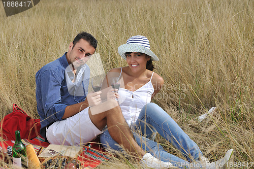 Image of happy couple enjoying countryside picnic in long grass