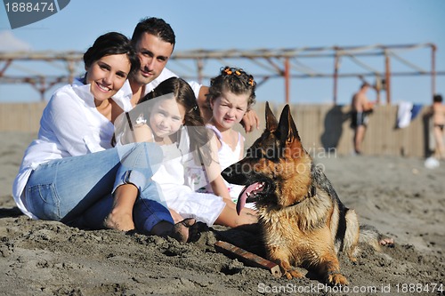 Image of happy family playing with dog on beach