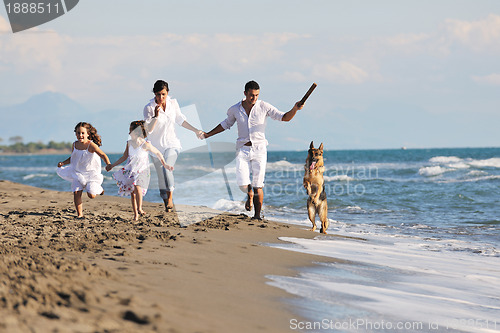 Image of happy family playing with dog on beach
